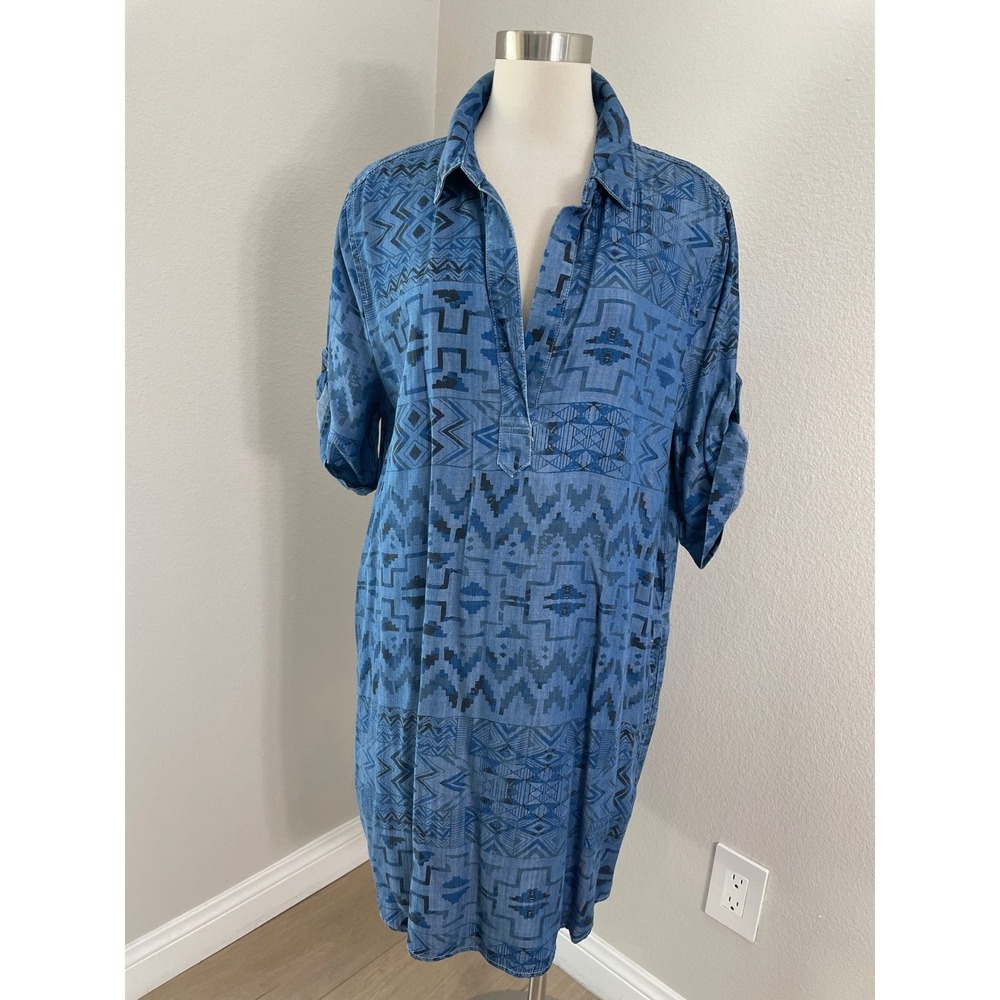 Philosophy Womens Plus XXL Blue Aztec Tencel Shirt Dress Roll Tab Sleeve Pockets